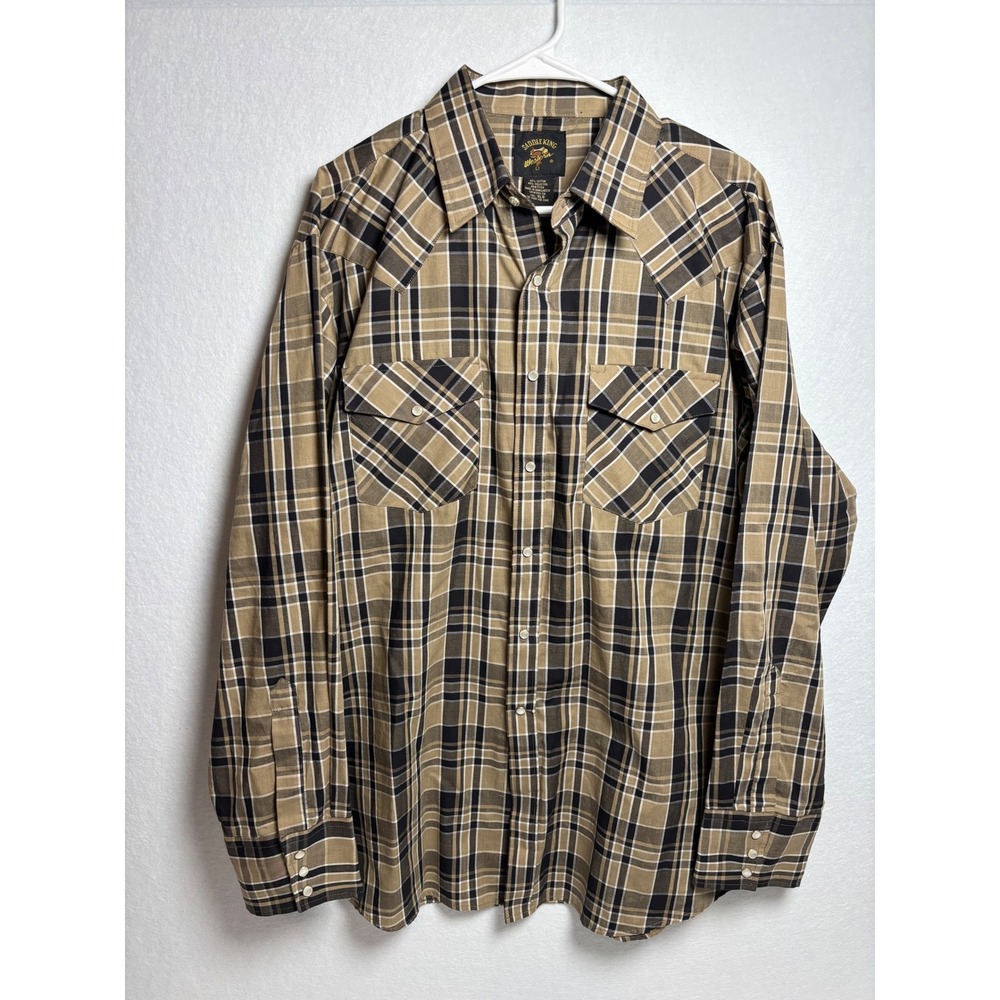 Saddle King Western Pearl Snap Shirt Mens XLR Tan Black Plaid Long Sleeve Yoke